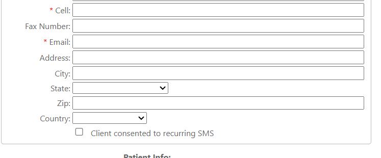 Sample of the SMS-consent checkbox in BINA's client-management system (blank record, no client data)